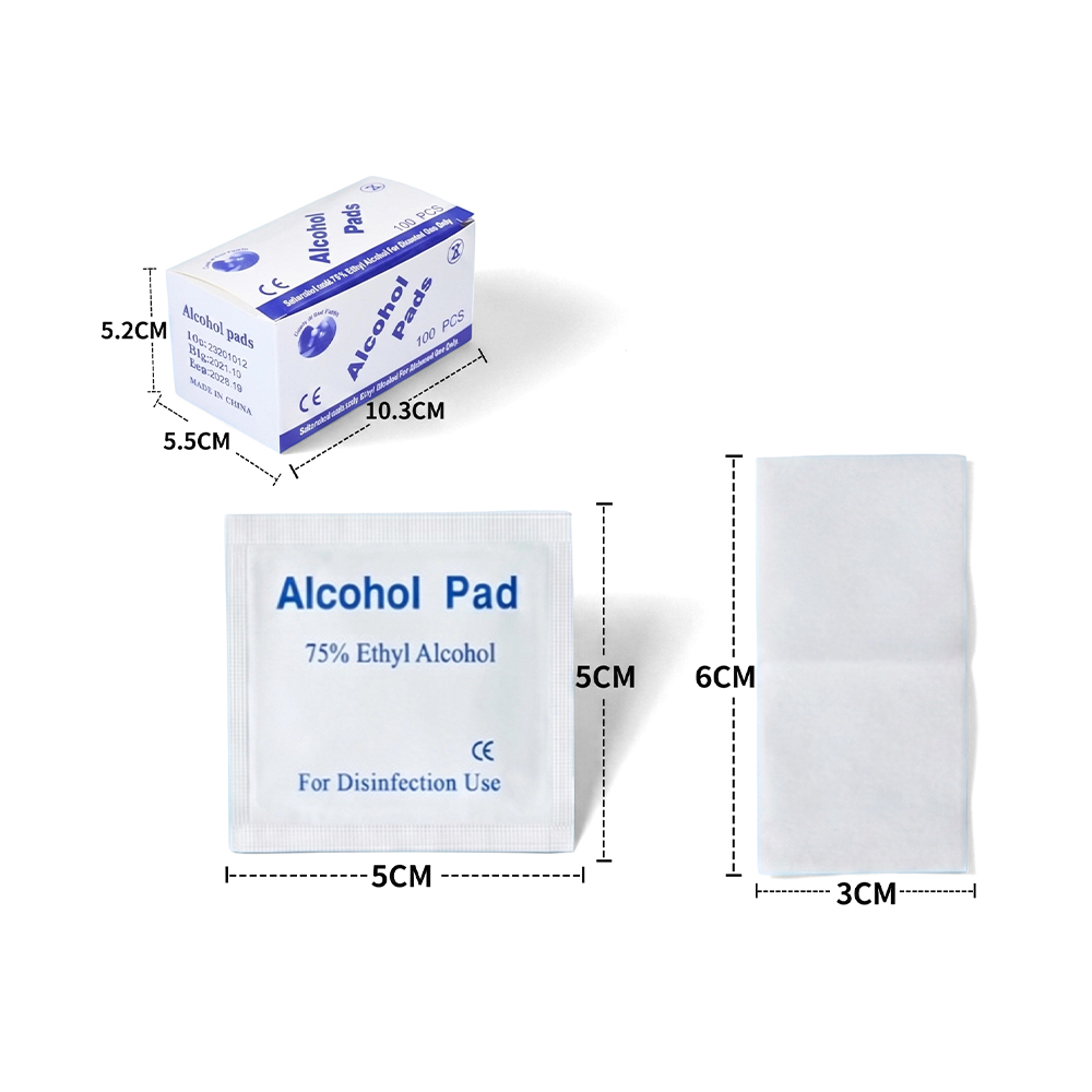 100 ks/škatuľka 3 cm x 6 cm veľké jednotlivo balené podložky na prípravu 75 % alkoholu